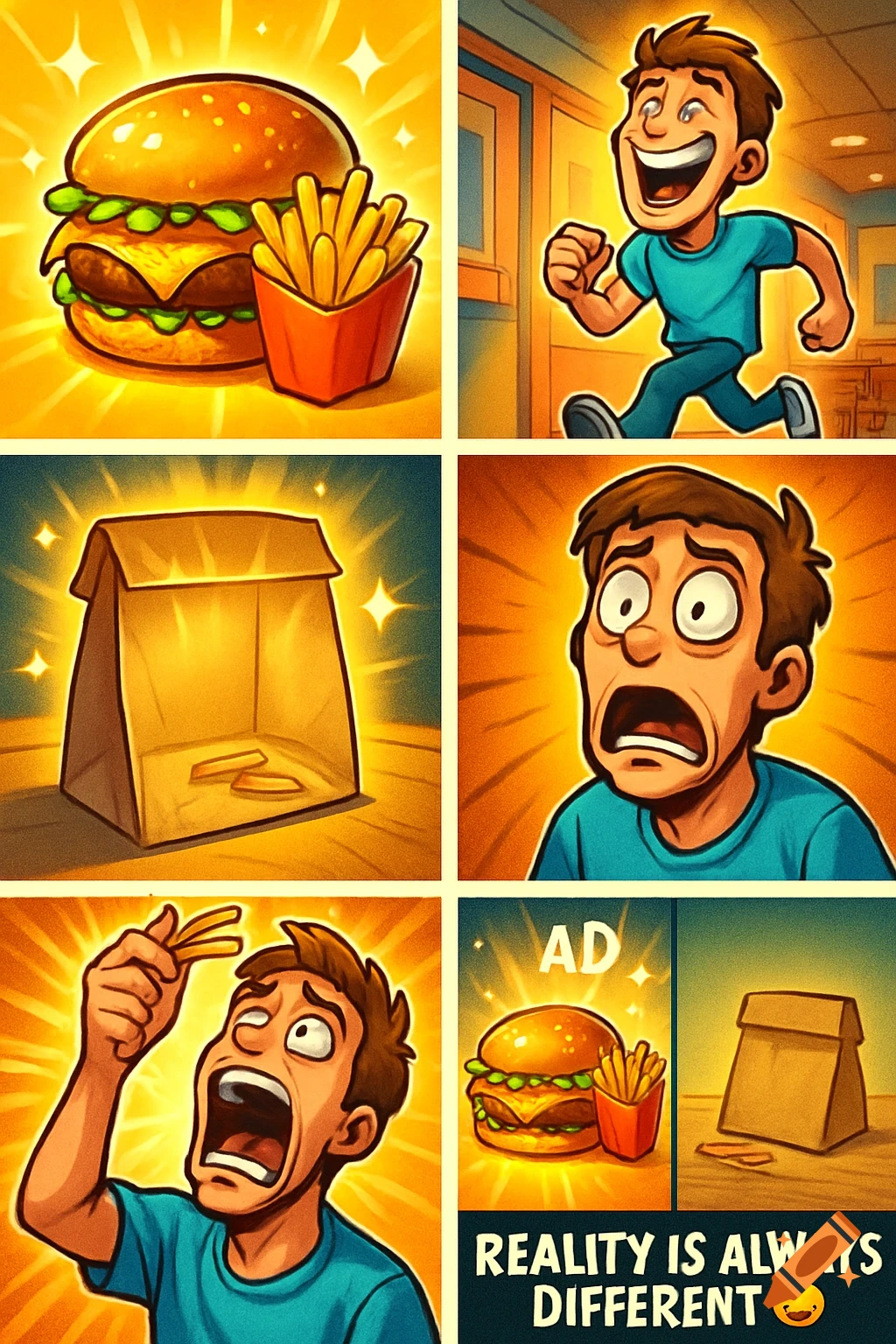 A six-panel cartoon meme depicting a perfect fast food ad vs. the disappointing reality of receiving only a few fries.