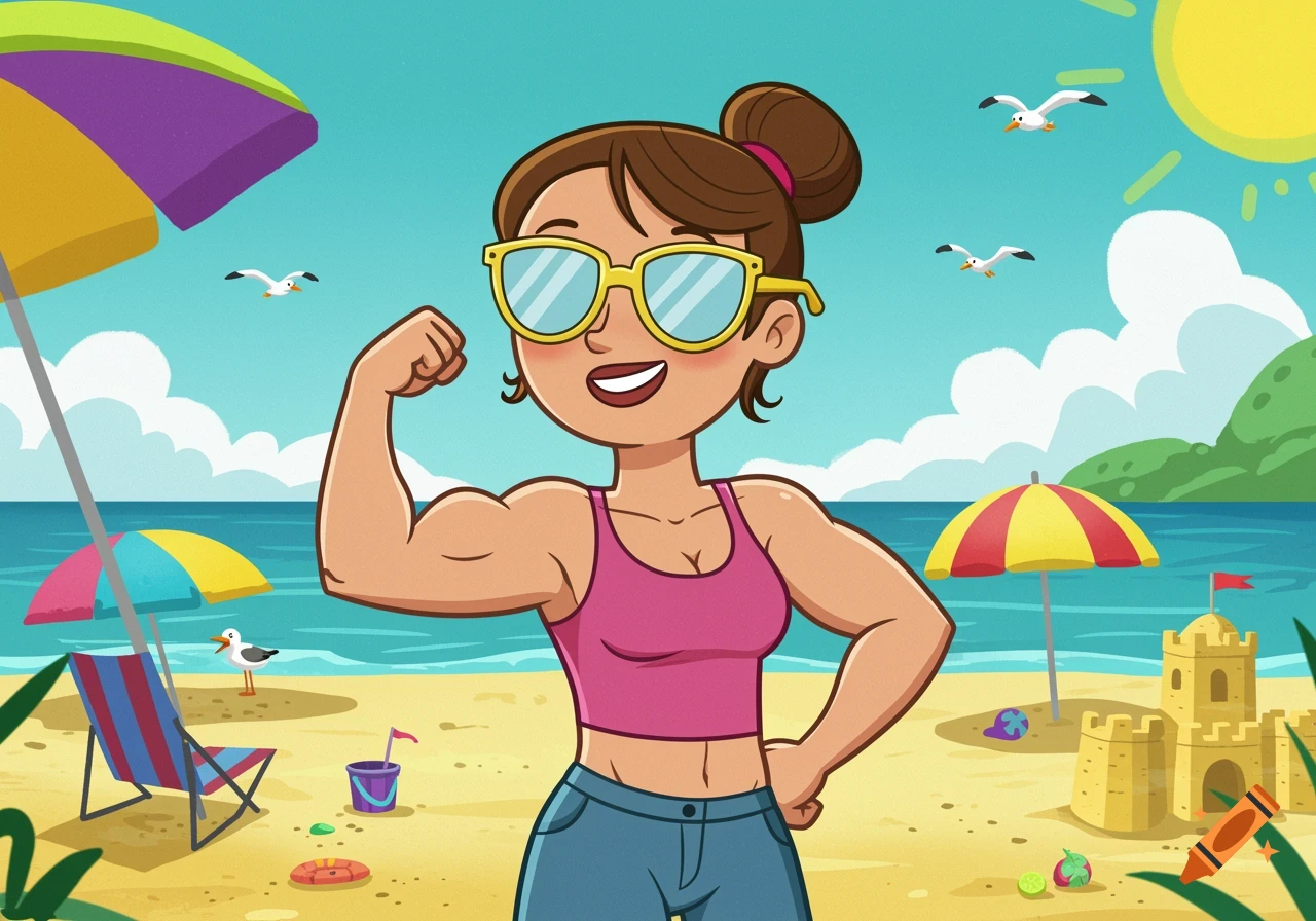 Cartoon woman with sunglasses and a pink top flexing her arm on a sunny beach.