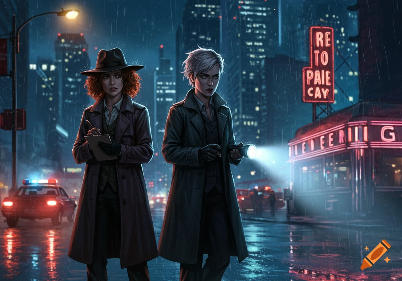 Two gritty female detectives stand in a rainy city street at night, one writing, the other holding a flashlight. Illustration.