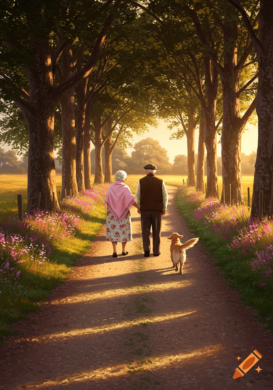An elderly couple holding hands walks their dog down a sunny country road lined with trees and pink flowers at sunset, illustrative style.