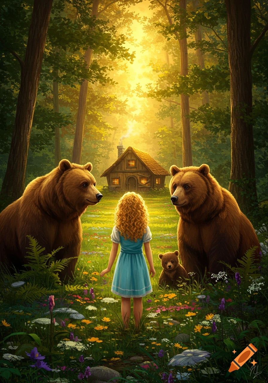 A blonde girl stands in a sunlit forest, facing a cabin, flanked by two large bears and a cub. Fairy tale art style.