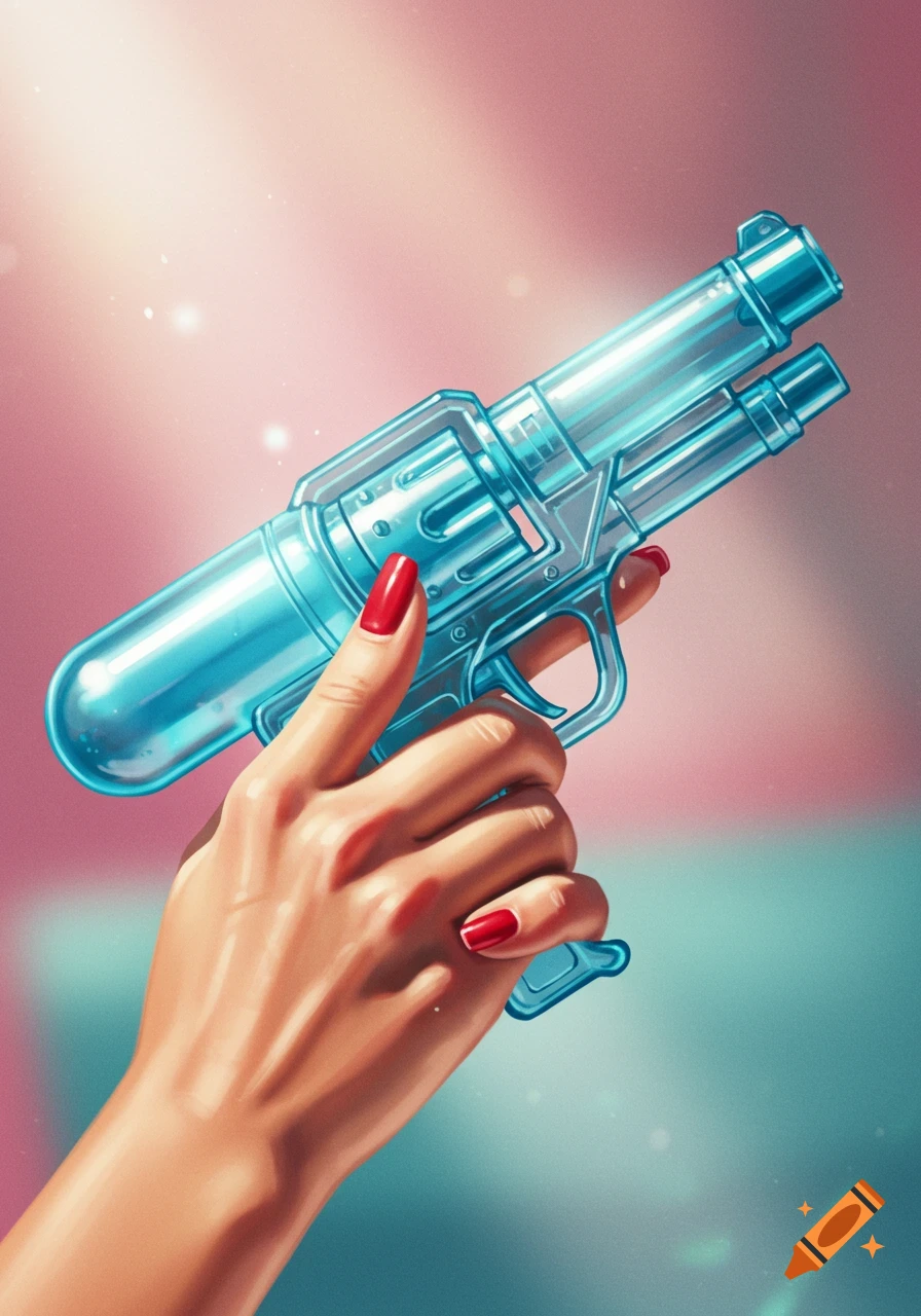 A woman's hand with red nail polish holds a clear blue plastic water pistol in a stylized illustration.
