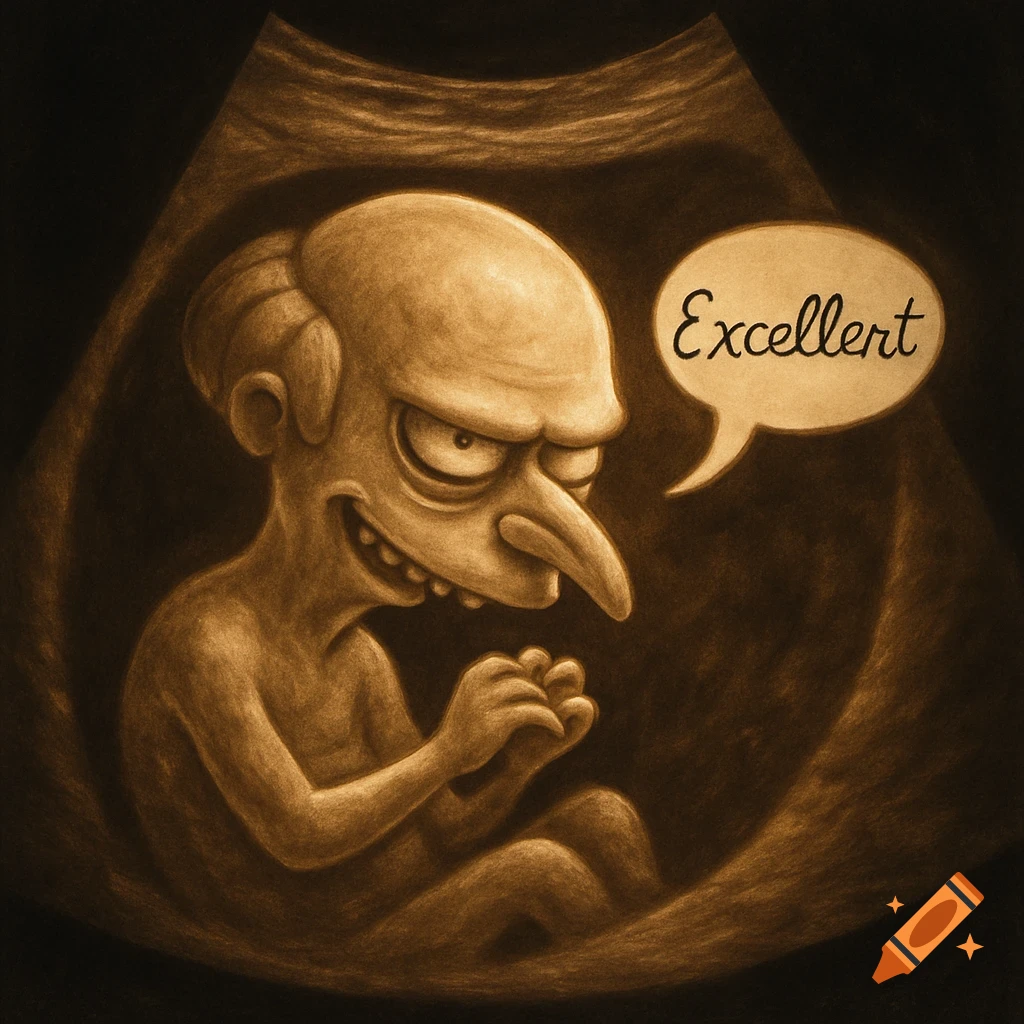 Sepia-toned ultrasound of a fetus-like Mr. Burns, smiling with hands clasped, a speech bubble reads 'Excellert'.