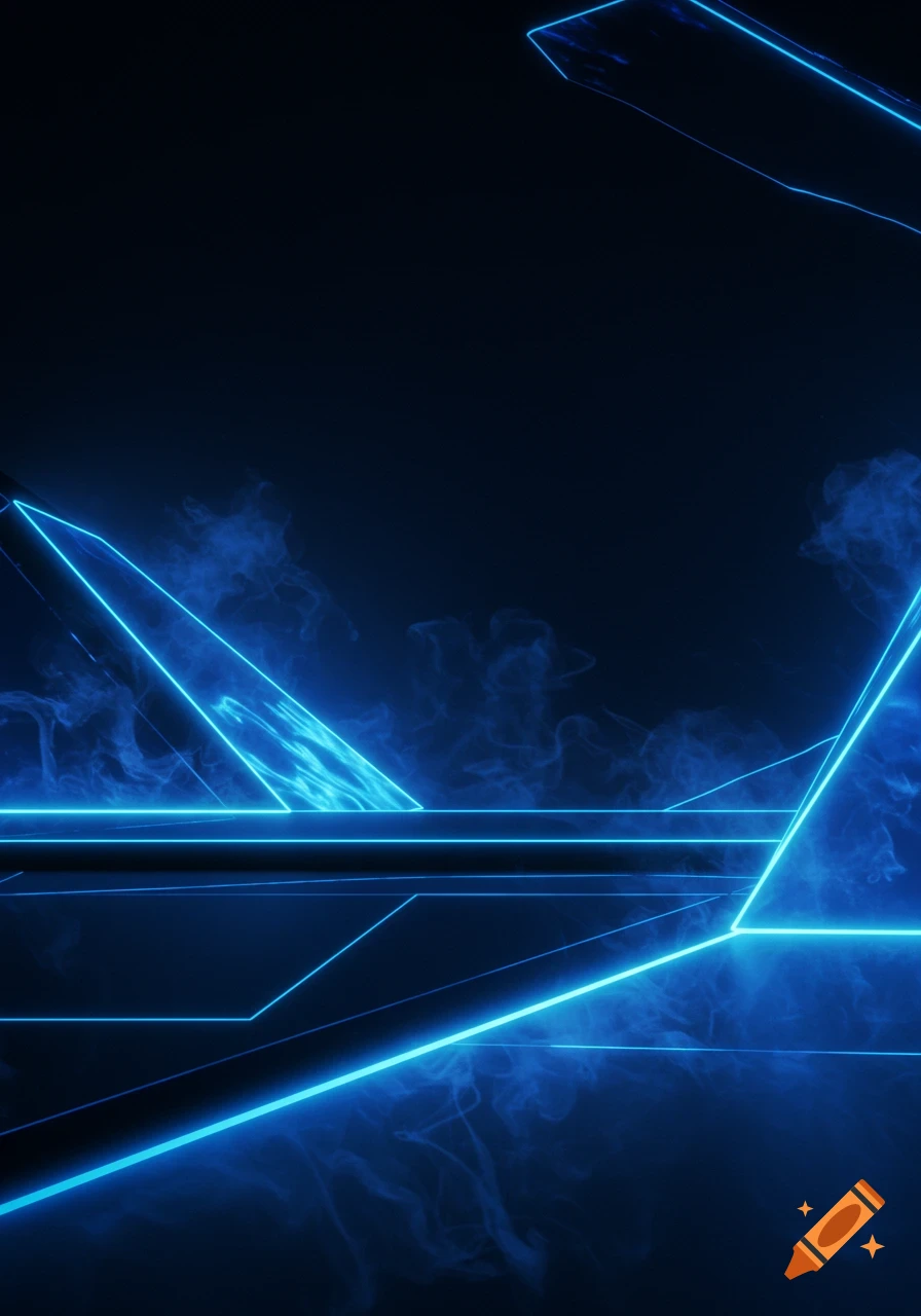Abstract dark background with glowing blue neon lines and wisps of smoke.