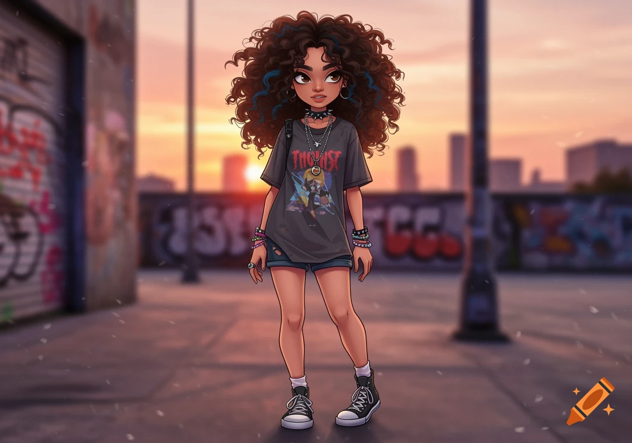 A stylized cartoon girl with curly brown hair with blue highlights, wearing a band t-shirt, denim shorts, silver jewelry, and Converse sneakers, standing in an urban setting at sunset.