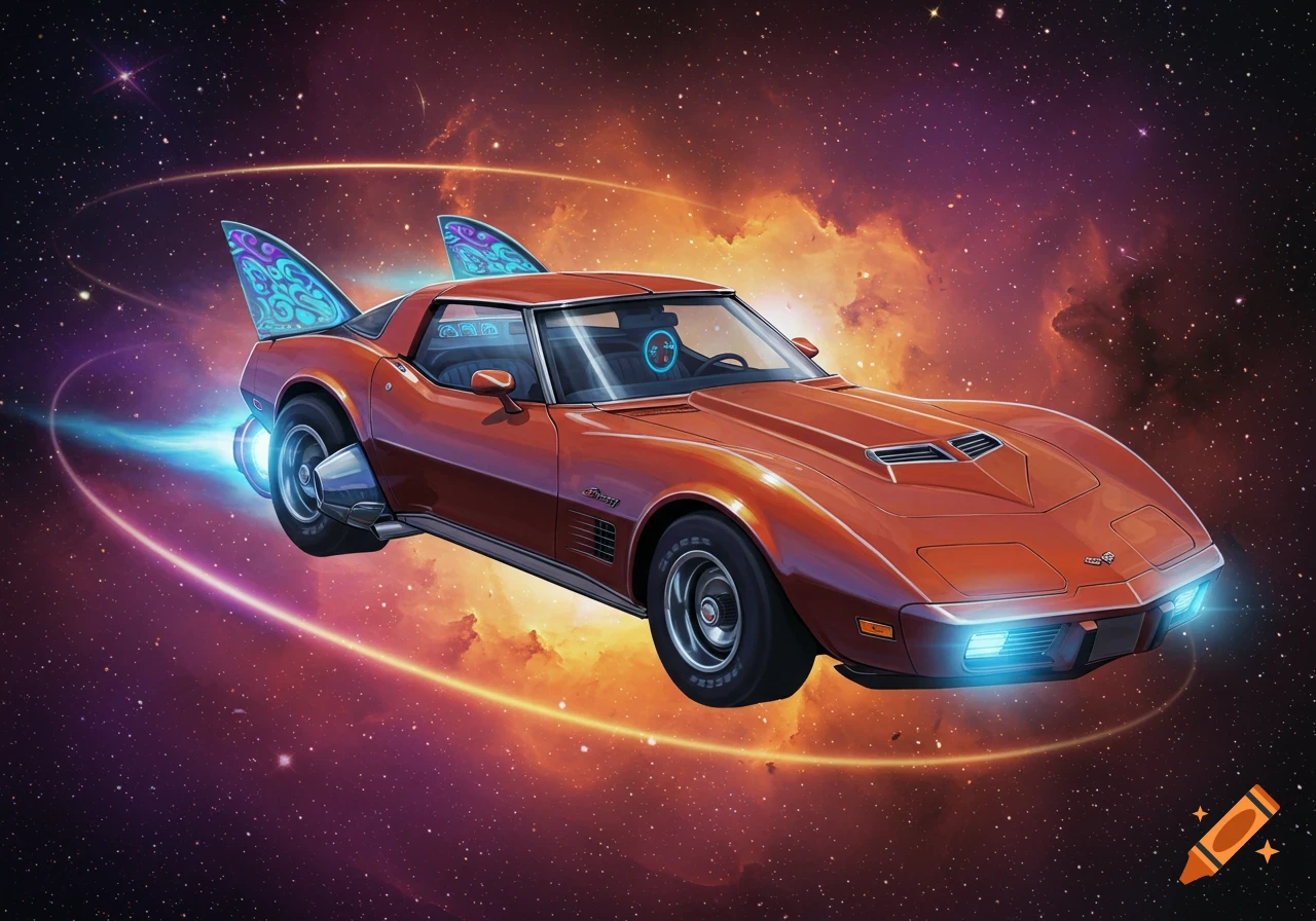An orange 1970s Corvette, modified with futuristic fins and blue thrusters, flies through a colorful nebula in space.