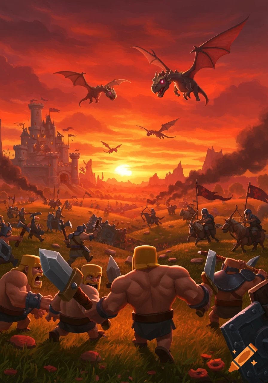 Cartoonish fantasy battle with warriors and dragons attacking a castle at sunset.