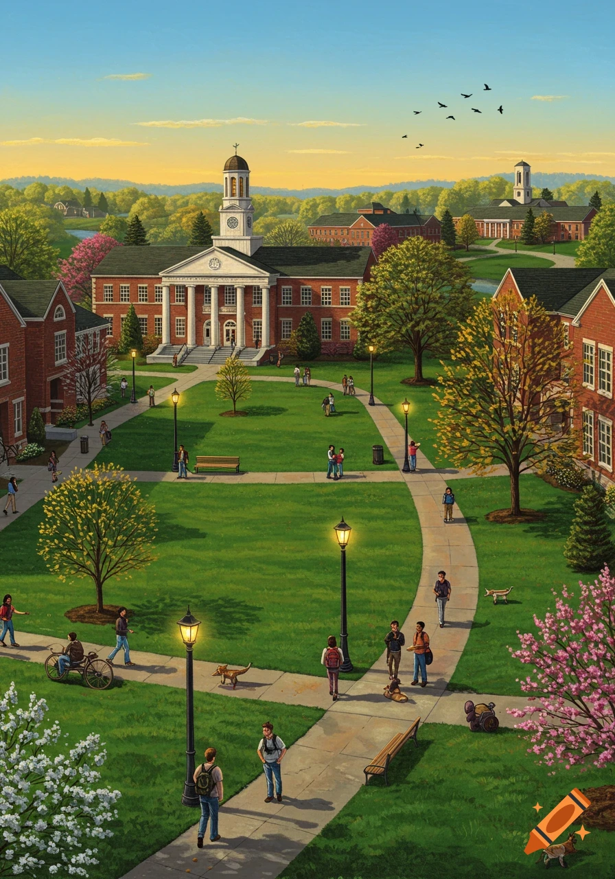 Illustrated aerial view of a college campus with students walking on paths between brick buildings, green lawns, and flowering trees.
