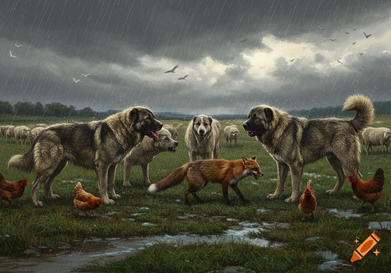 Photorealistic scene of large shepherd dogs surrounding a fox in a rainy field, with chickens and sheep under a stormy sky.