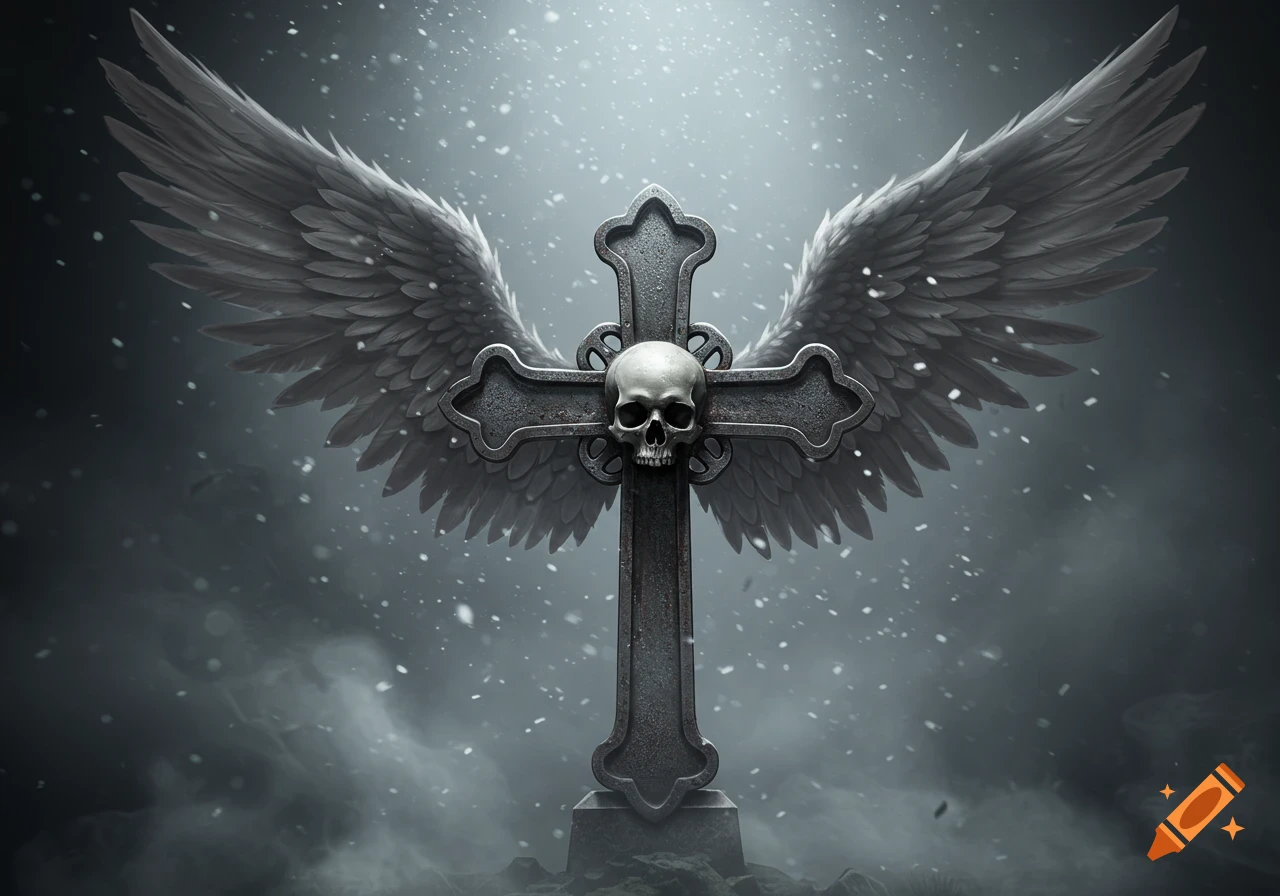 A detailed stone cross with a skull in the middle, flanked by large white angel wings, set against a dark, snowy background.