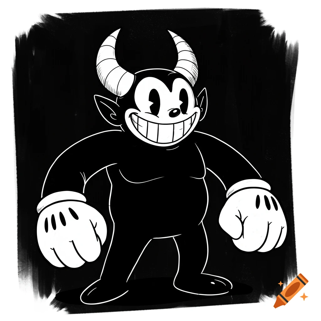 A black and white cartoon demon with large white gloves and a wide grin, resembling vintage animation style.