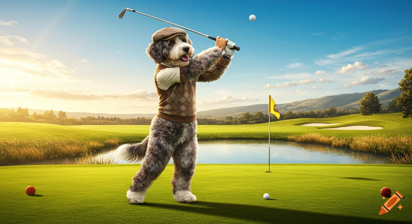 A photorealistic Berndoodle dog in golf clothes swings a golf club on a green course with a pond and mountains at sunset.