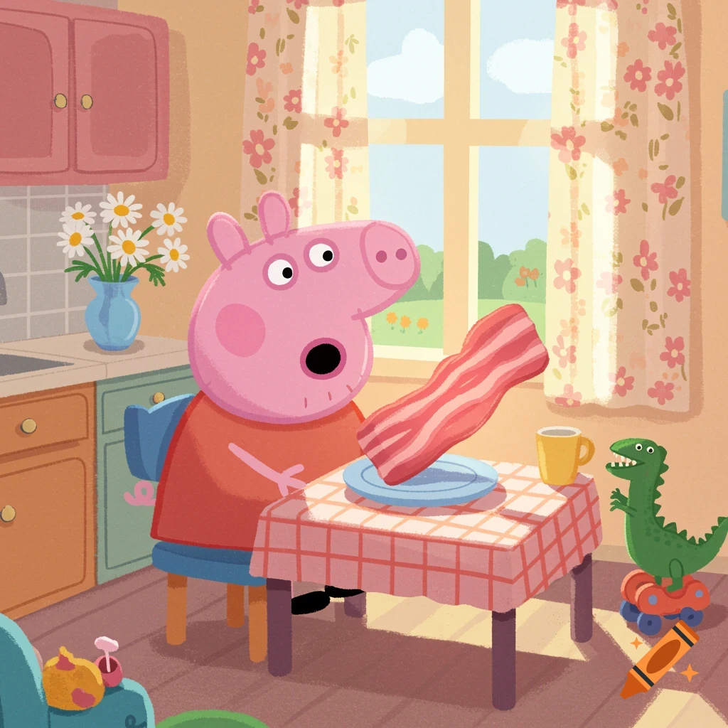 Cartoon Peppa Pig sitting at a kitchen table, looking at a large piece of bacon on a plate, with a toy dinosaur nearby.