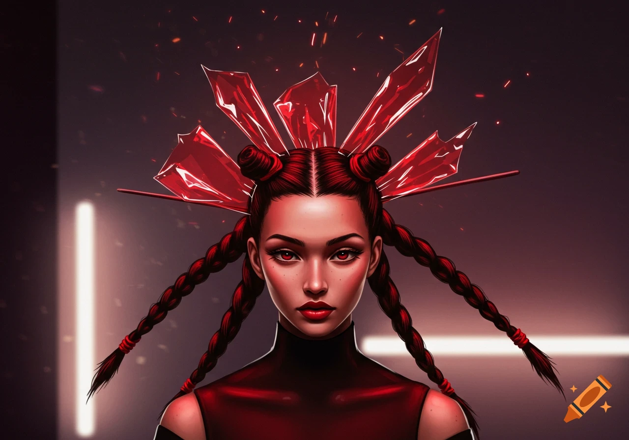 Close-up portrait of a woman with dark braided hair and red buns, adorned with a large, spiky red crystal headpiece.