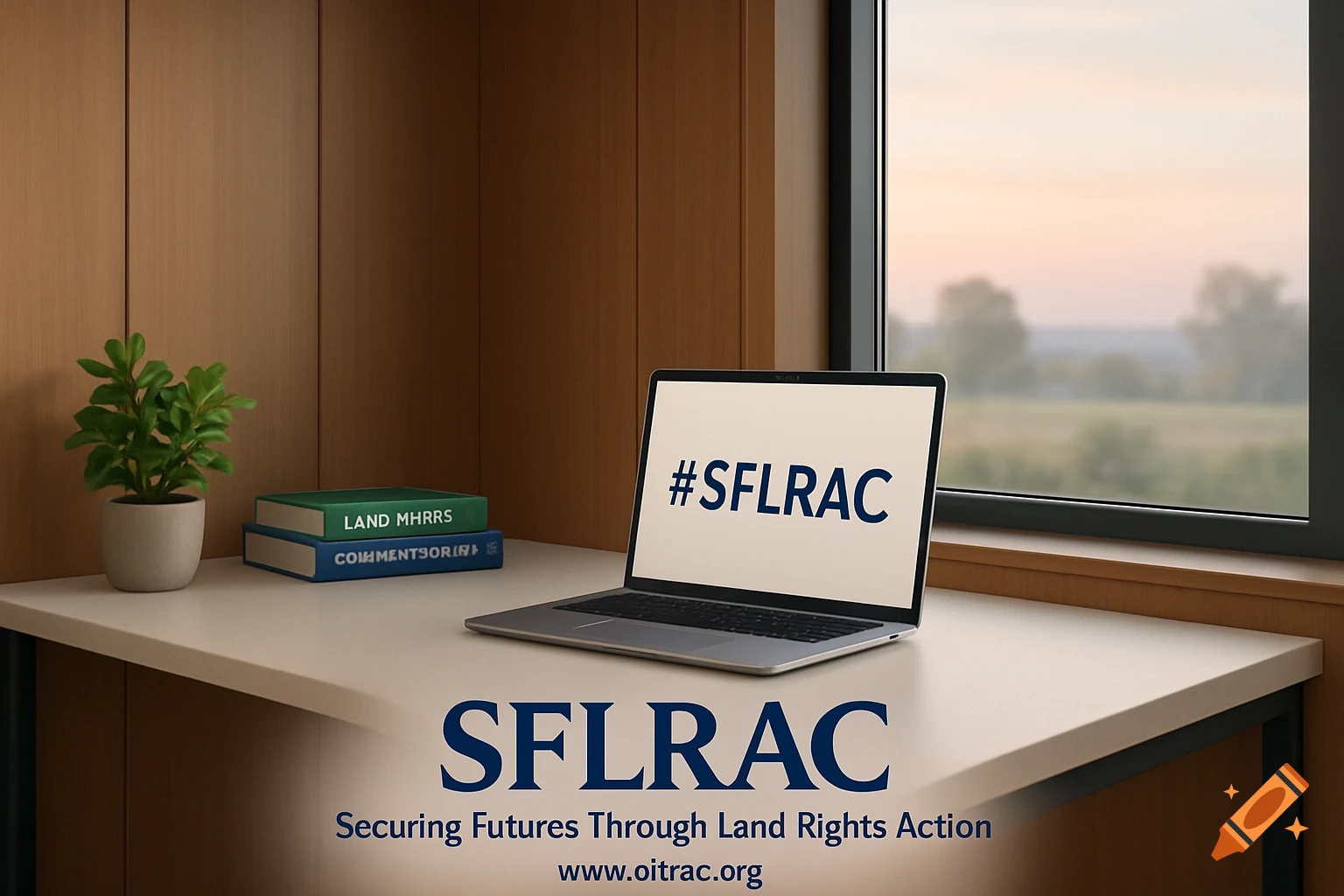 A modern office desk with a laptop displaying #SFLRAC, books, and a plant, set against a window with a blurred rural landscape.