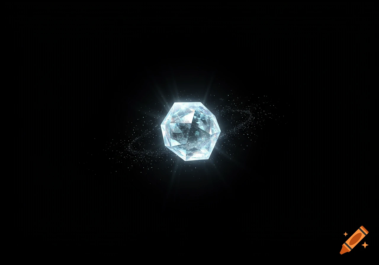 A glowing, multifaceted crystal-like object with sparkling particles against a pure black background.