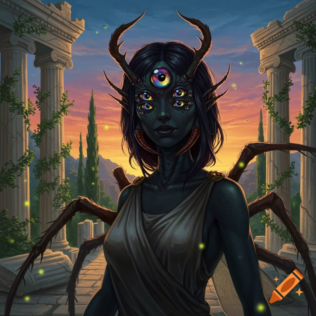 A dark-skinned, multi-eyed female creature with horns and spider limbs in a toga, among ancient Greek ruins at sunset.