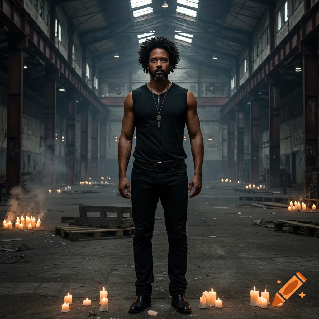 A man with curly hair and a beard stands in a candle-lit, abandoned industrial warehouse, creating a moody, cinematic portrait.