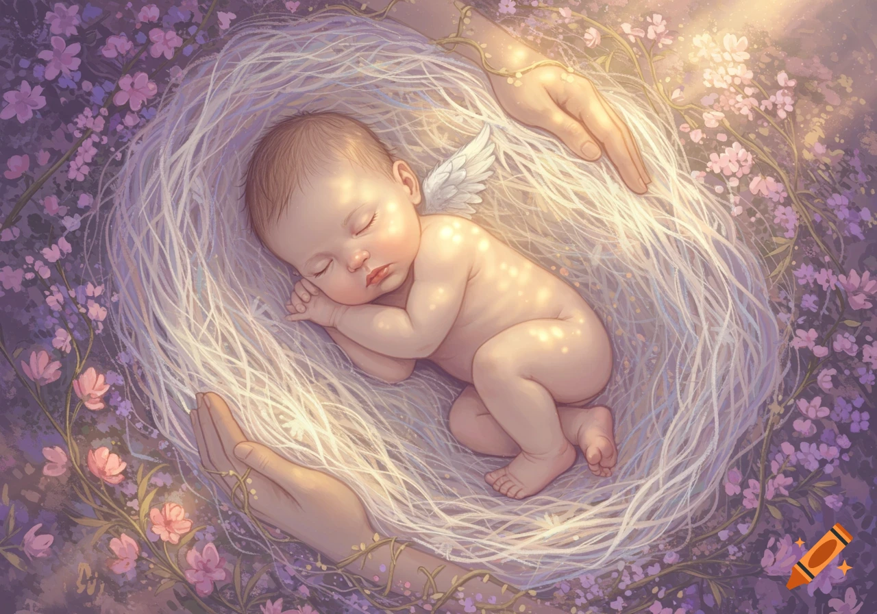 A sleeping baby with tiny wings rests in a nest-like cradle made of white strands, held by hands, surrounded by purple and pink flowers, in a soft, dreamy illustration.