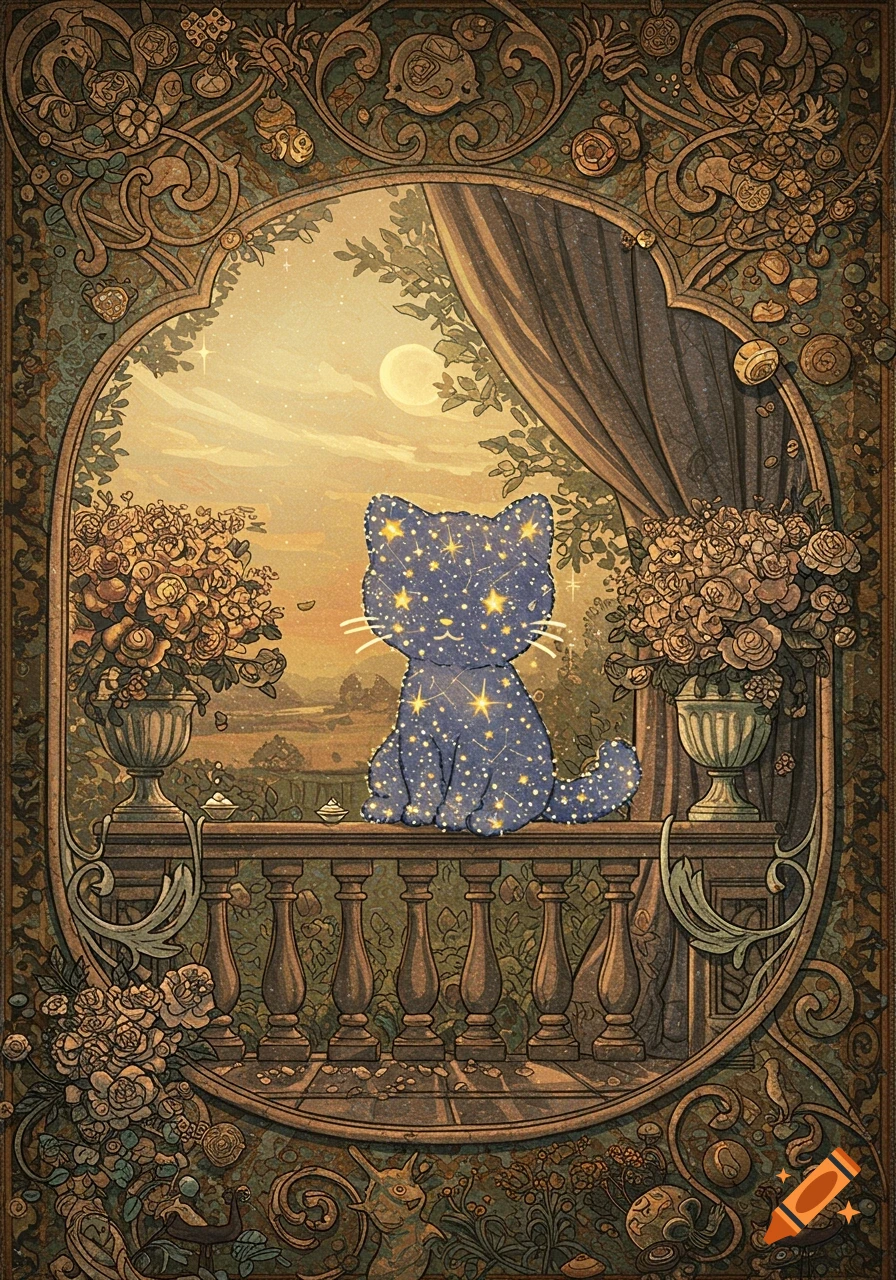 A starry cat sits on an ornate balcony overlooking a moonlit landscape, framed by a detailed Art Nouveau border.