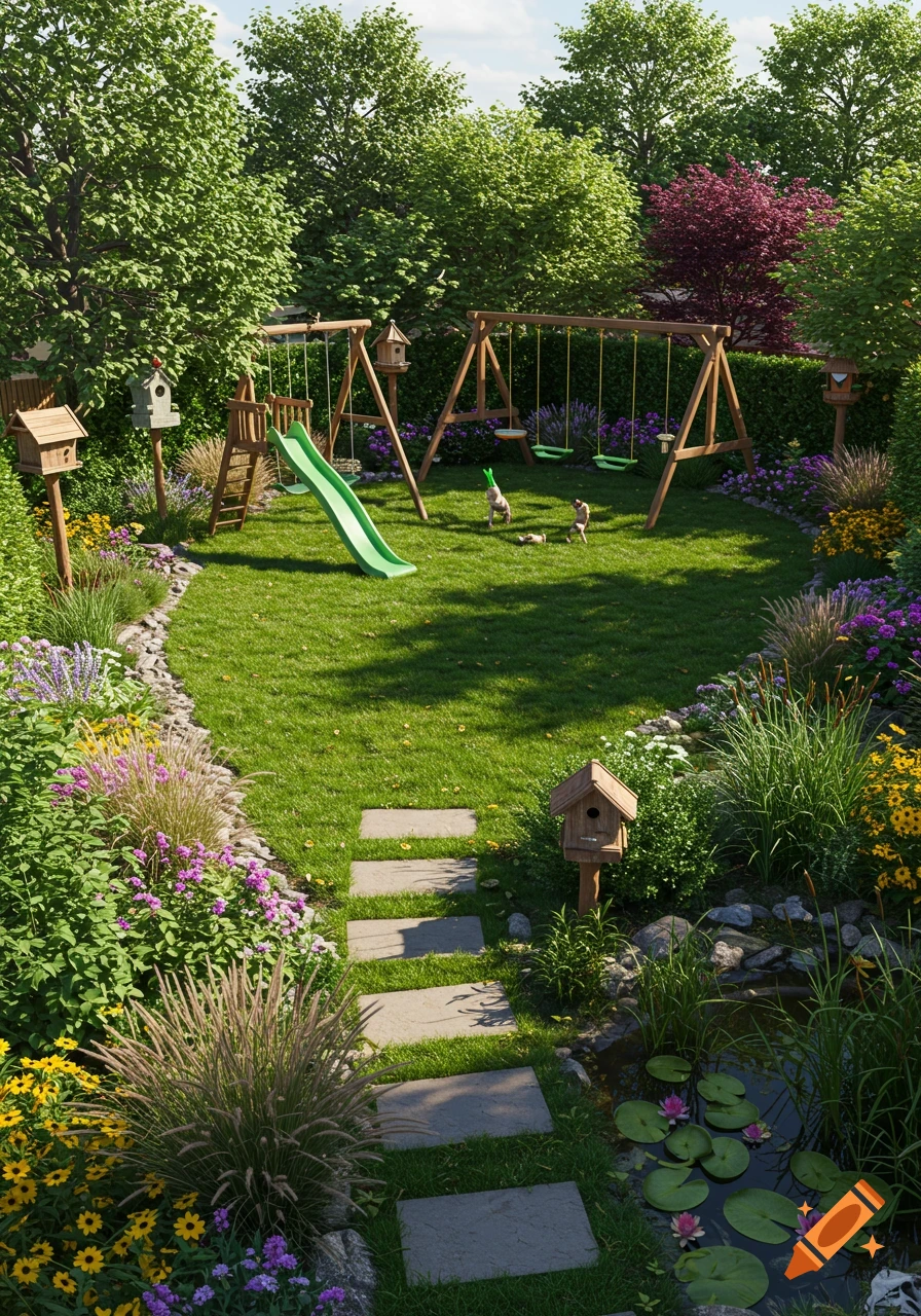 A sunny, photorealistic image of a beautifully landscaped backyard garden with a play area, stepping stones, pond, and small dog-like animals.