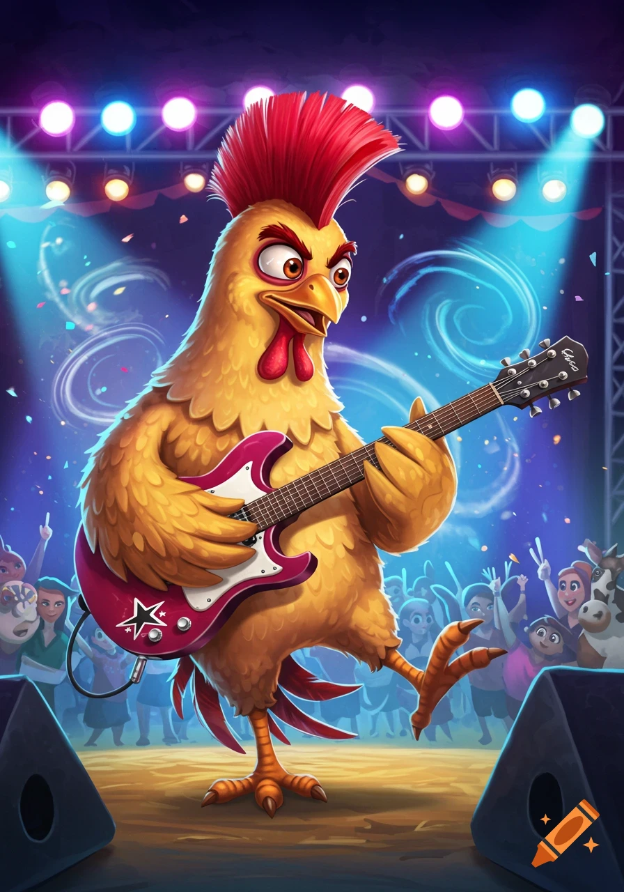 A cartoon chicken with a red mohawk plays a pink electric guitar on stage, illuminated by colorful spotlights, in front of a cheering crowd.