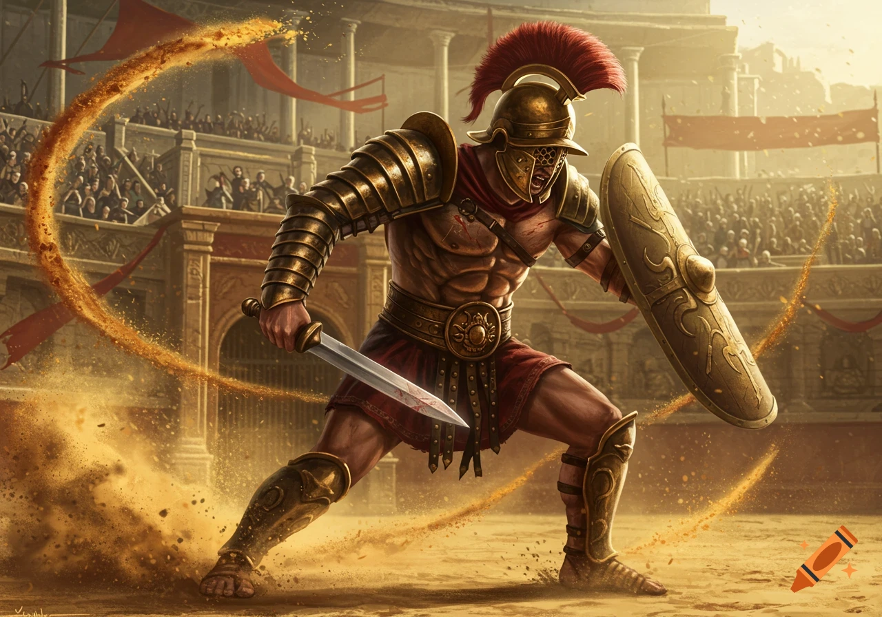 A muscular Roman gladiator in gold armor and red plume helmet, wielding a sword and shield, lunges in a dusty arena with spectators.