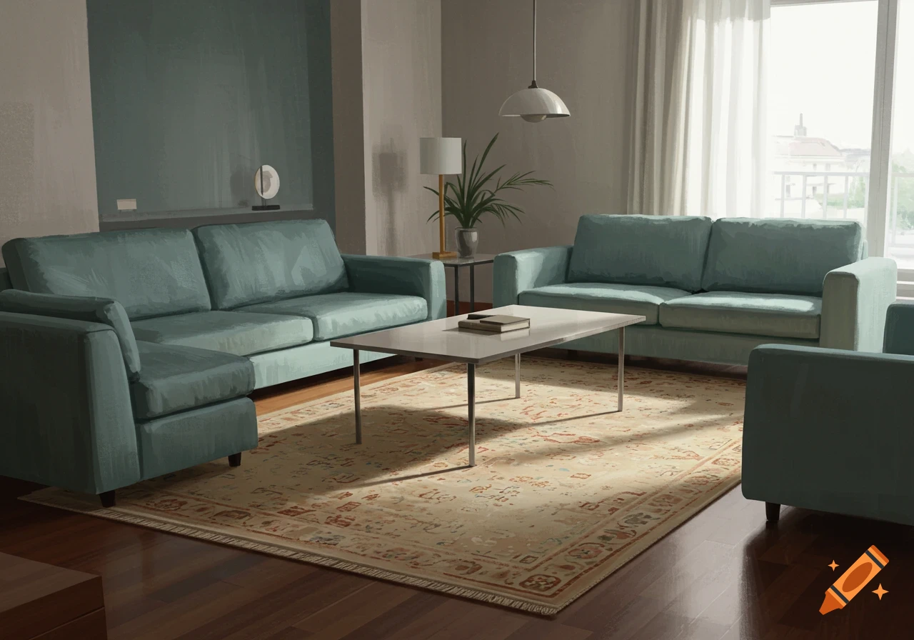 A digitally painted living room with teal sofas, a white coffee table, and a patterned rug on a wooden floor.