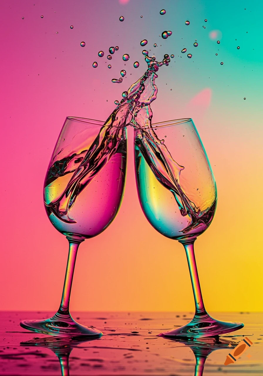 Two wine glasses clinking and splashing water, against a vibrant, posterized gradient background of pink, teal, and orange.