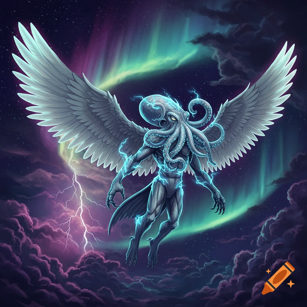 A fantastical electric creature with an octopus head and large wings flies through a stormy, aurora-lit night sky.
