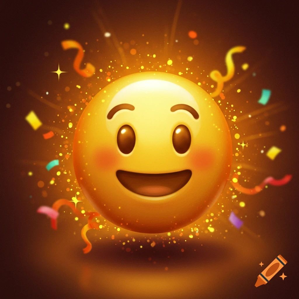 A happy yellow emoji face smiles brightly, surrounded by sparkling golden light, colorful confetti, and streamers on a dark background.