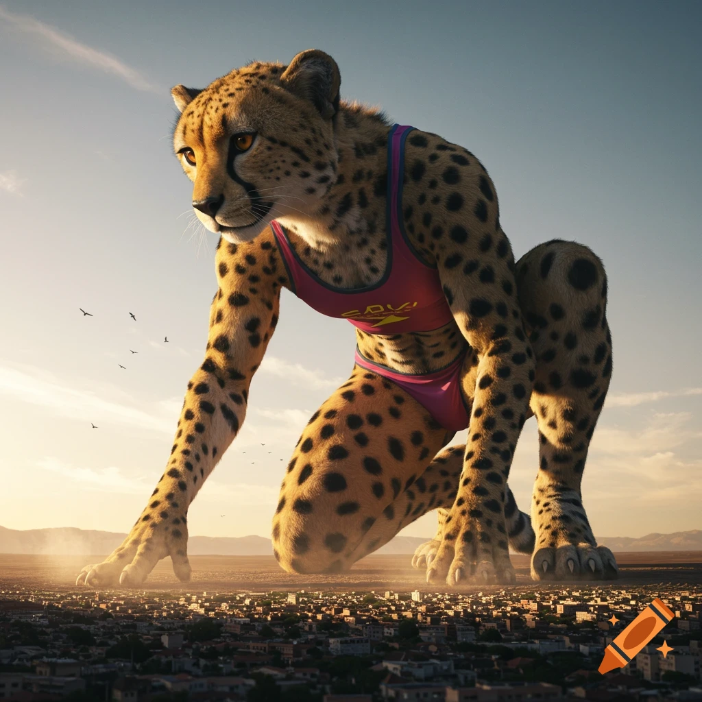 A gigantic, photorealistic anthropomorphic cheetah wearing a pink Speedo, kneeling over a tiny city under a vast sky at sunset.