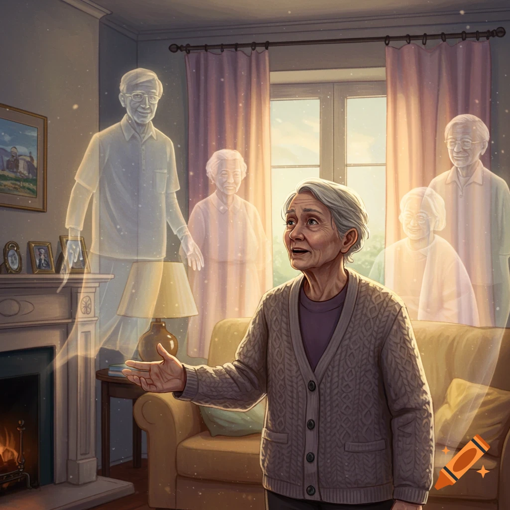 An elderly woman looks up with an emotional expression as translucent figures of her passed loved ones appear around her in a cozy living room.