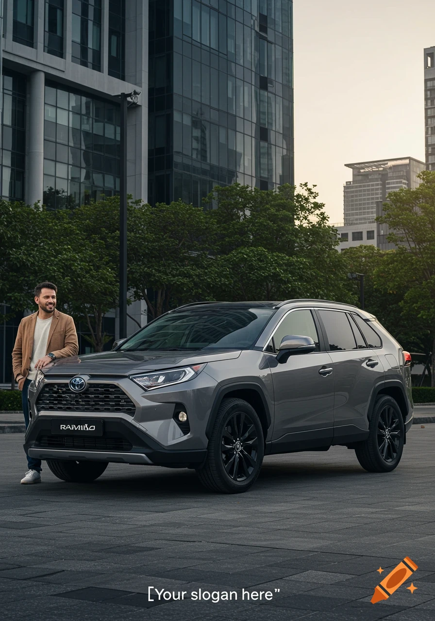 A man leans on a grey SUV parked on a paved surface in front of modern city buildings at dusk, with the text '[Your slogan here]' at the bottom.