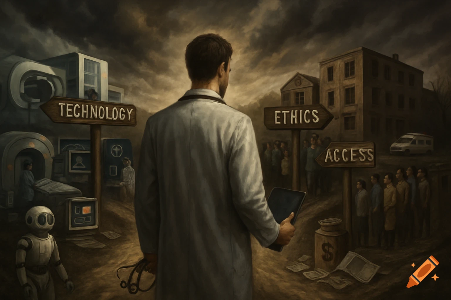 A doctor stands at a crossroads, with signs pointing to "TECHNOLOGY," "ETHICS," and "ACCESS." The scene is dark and stormy.