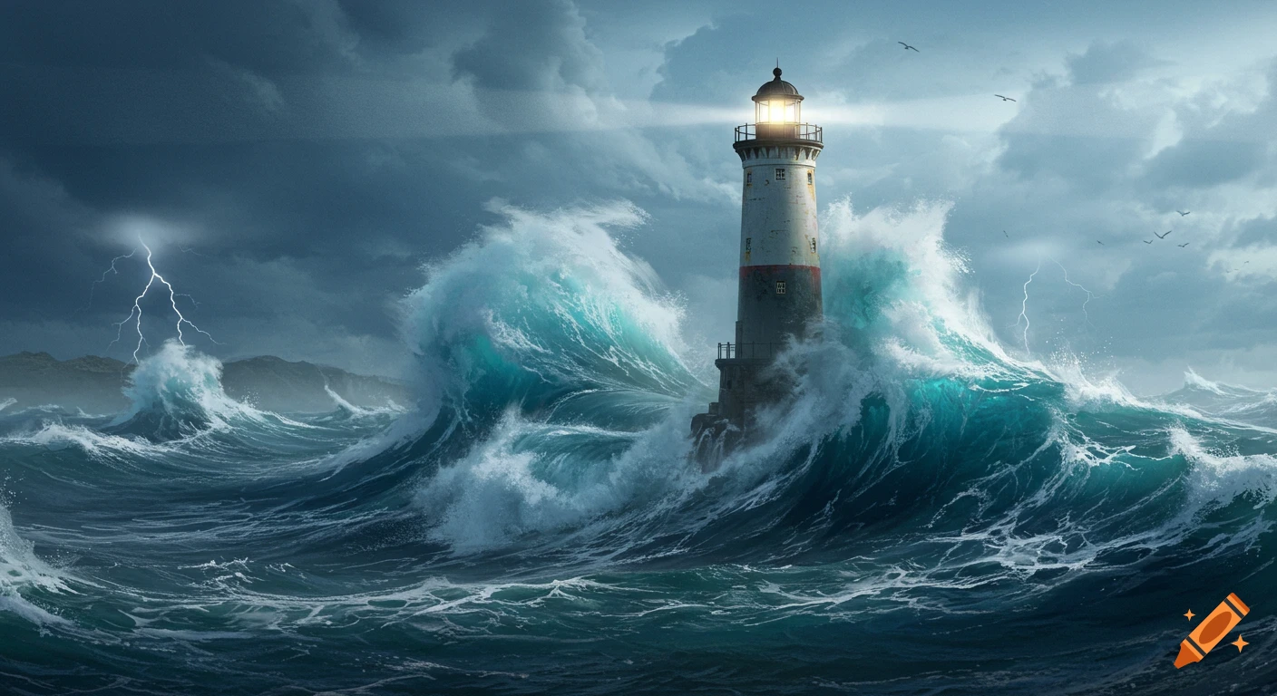 A tall lighthouse stands amidst huge crashing waves and lightning under a stormy sky.