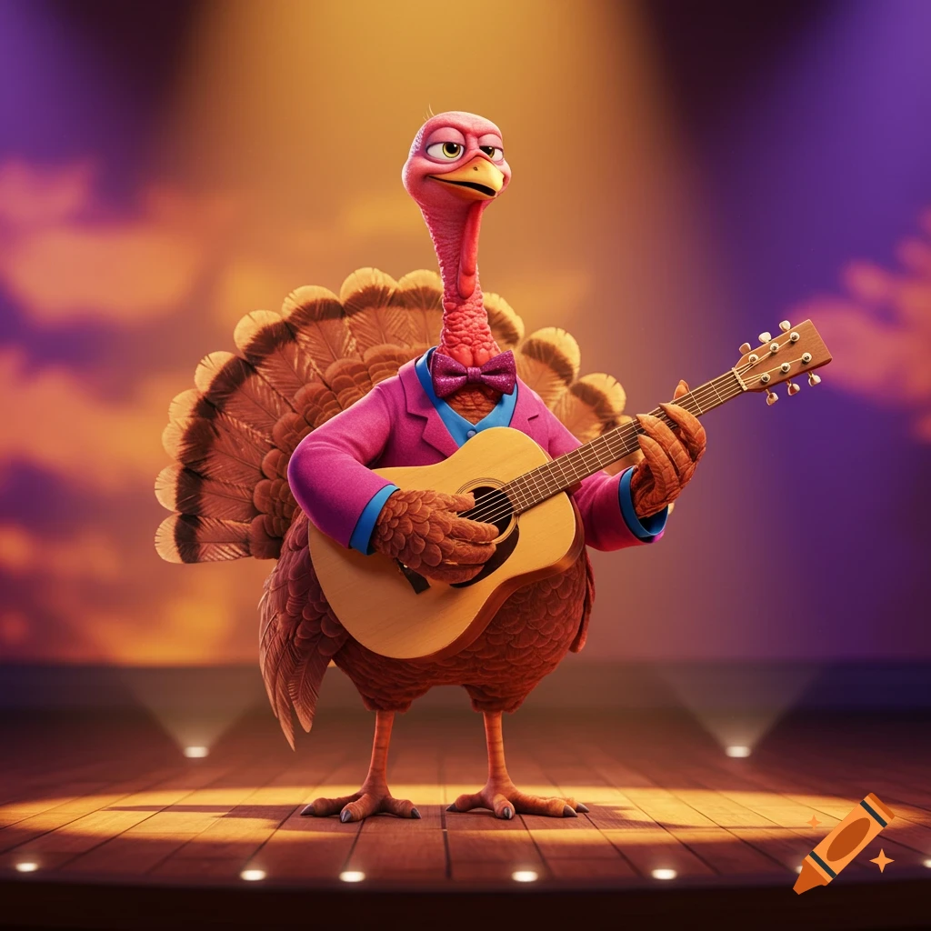 A cartoon turkey in a pink suit and blue shirt with a burgundy bow tie plays an acoustic guitar on a spotlighted stage.