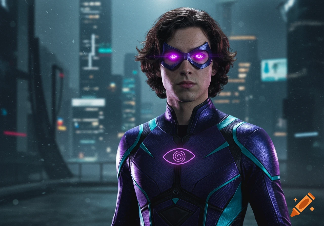 A young male superhero in a purple and cyan suit with glowing purple eyes and a spiral eye symbol, stands in a rainy futuristic city.
