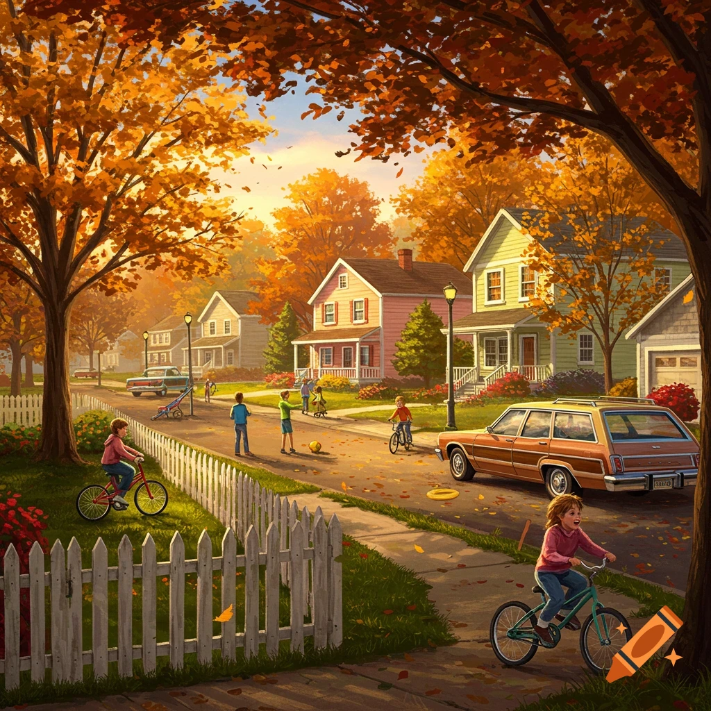 An illustration of a 1980s suburban neighborhood in autumn, with children playing in the street and riding bikes.
