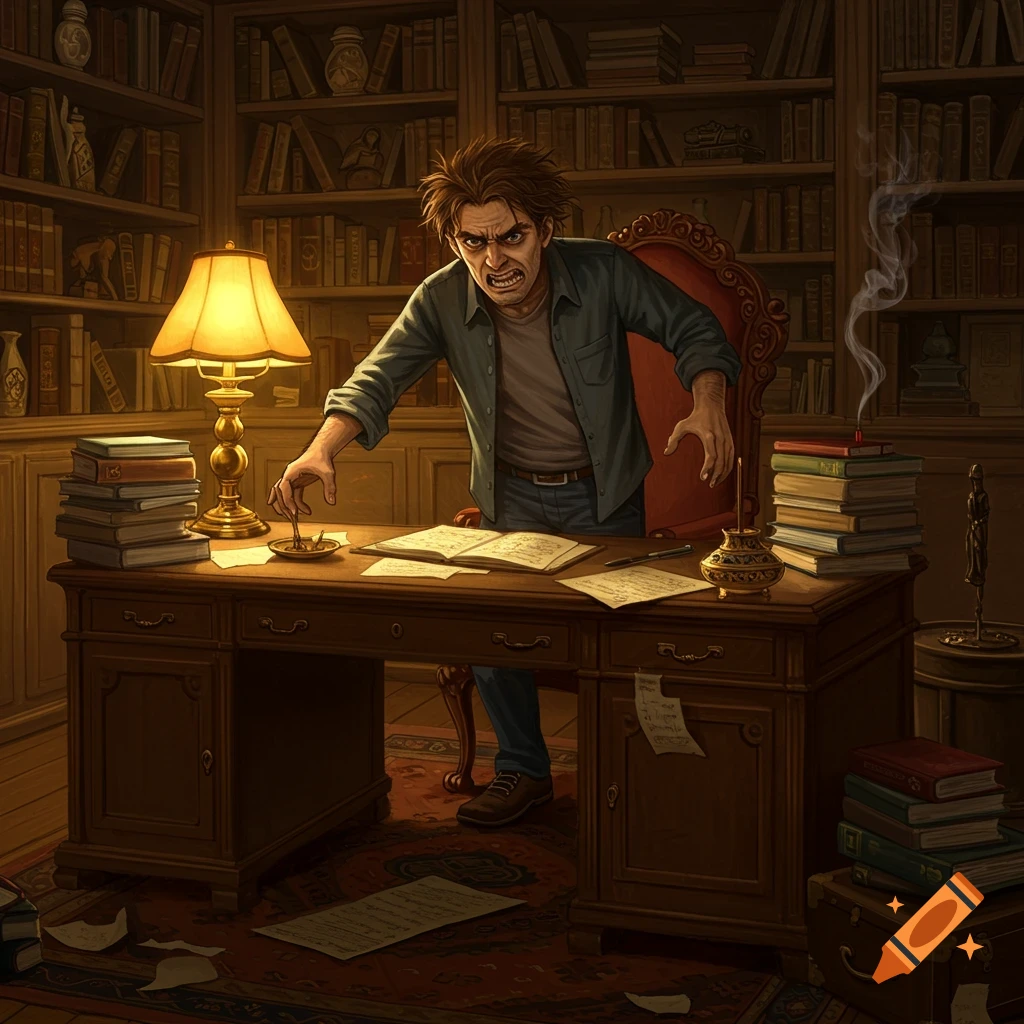 An angry, disheveled man stands over a cluttered desk in a dim, book-lined study, hands reaching out in frustration. Illustration.