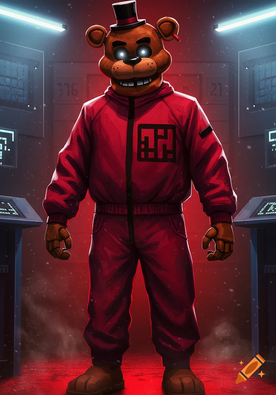 Freddy Fazbear in a red Squid Game jumpsuit stands in a dimly lit, futuristic room with glowing blue lights and screens displaying numbers and pixelated patterns. The floor is red with some fog.