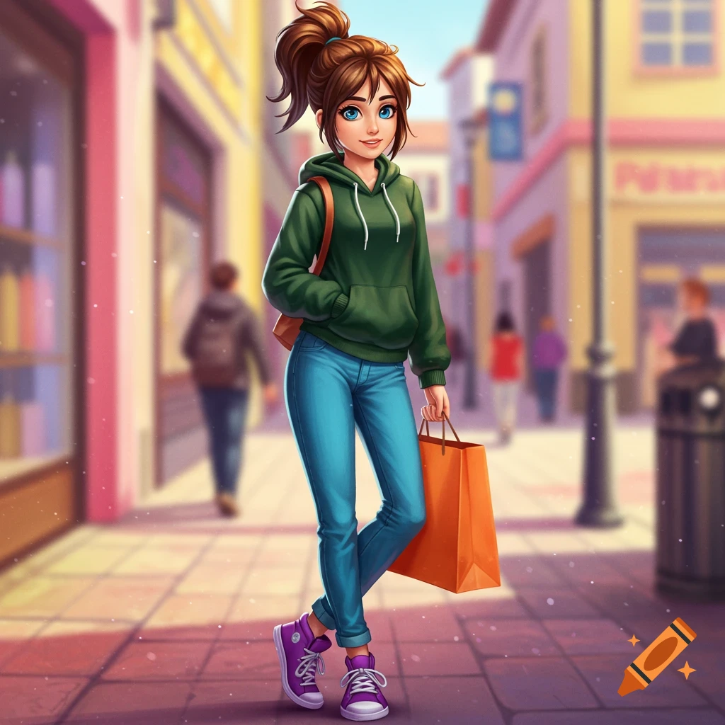 An animated young woman with a ponytail, green hoodie, blue pants, and purple shoes, holding an orange shopping bag on a city street.