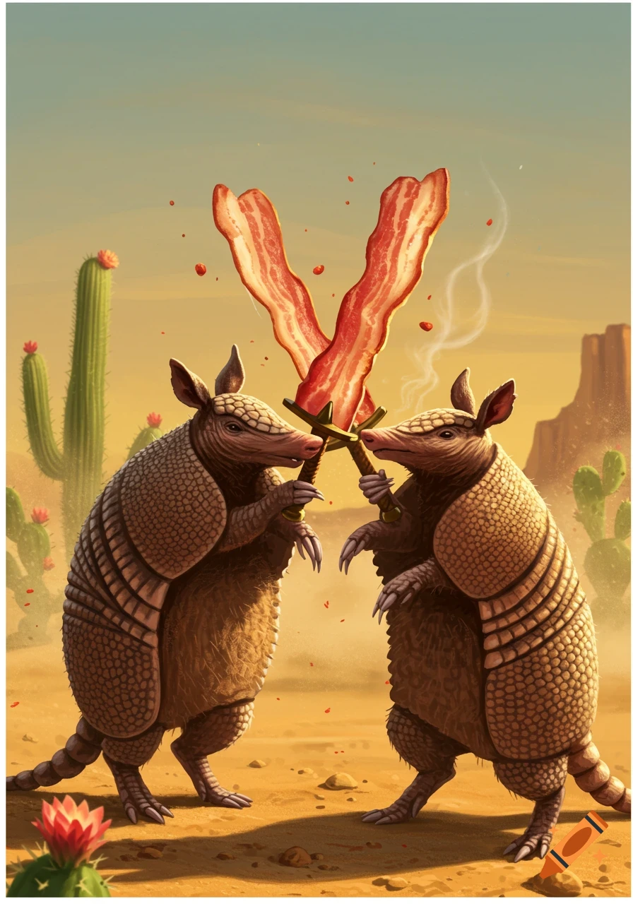 Two armadillos sword fighting with slices of bacon in a desert with cacti, in a stylized illustration.
