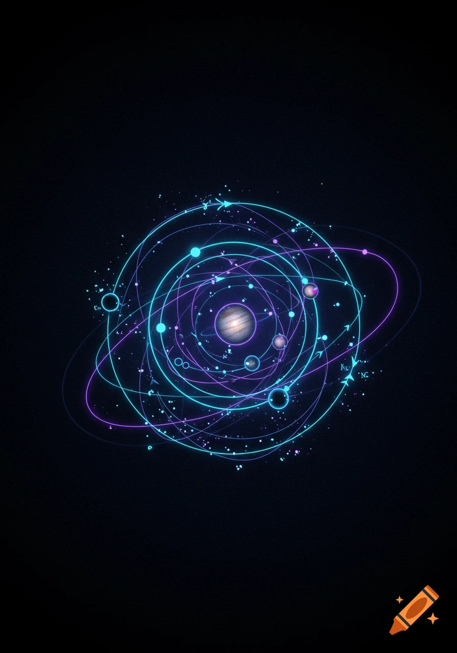 An abstract illustration of a central planet surrounded by multiple glowing blue and purple orbital paths with smaller celestial bodies and particles, set against a dark background.