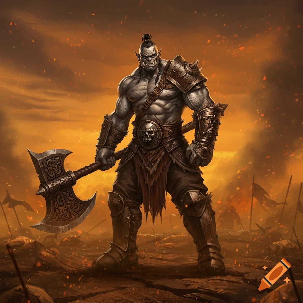 A muscular grey orc barbarian, armored and wielding a great axe, stands on a fiery, war-torn battlefield.