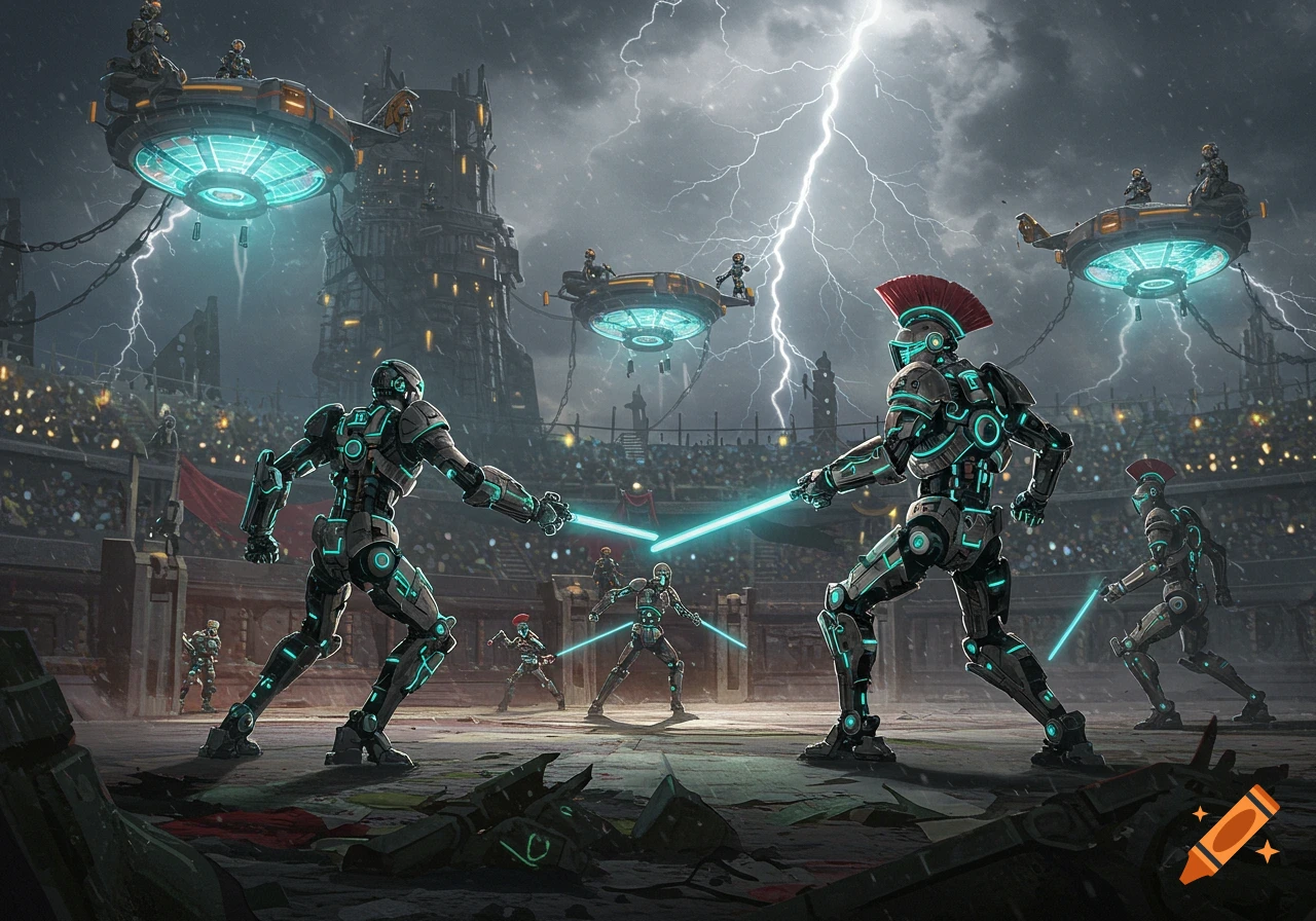 Two glowing futuristic robots duel with light swords in a stormy arena with spectators, flying platforms, and lightning.