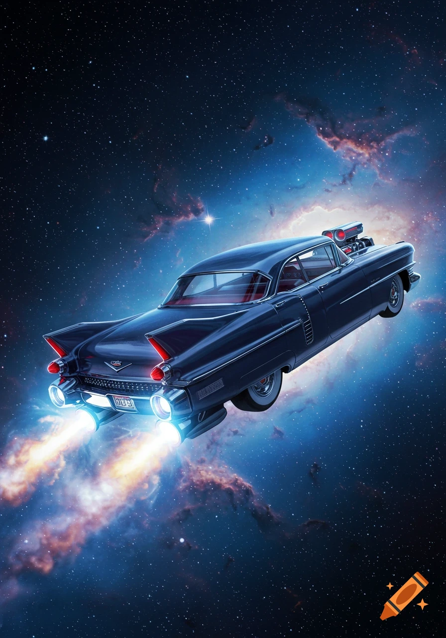 A dark blue 1950s style Cadillac flying through space with glowing rocket thrusters against a starry nebula background.