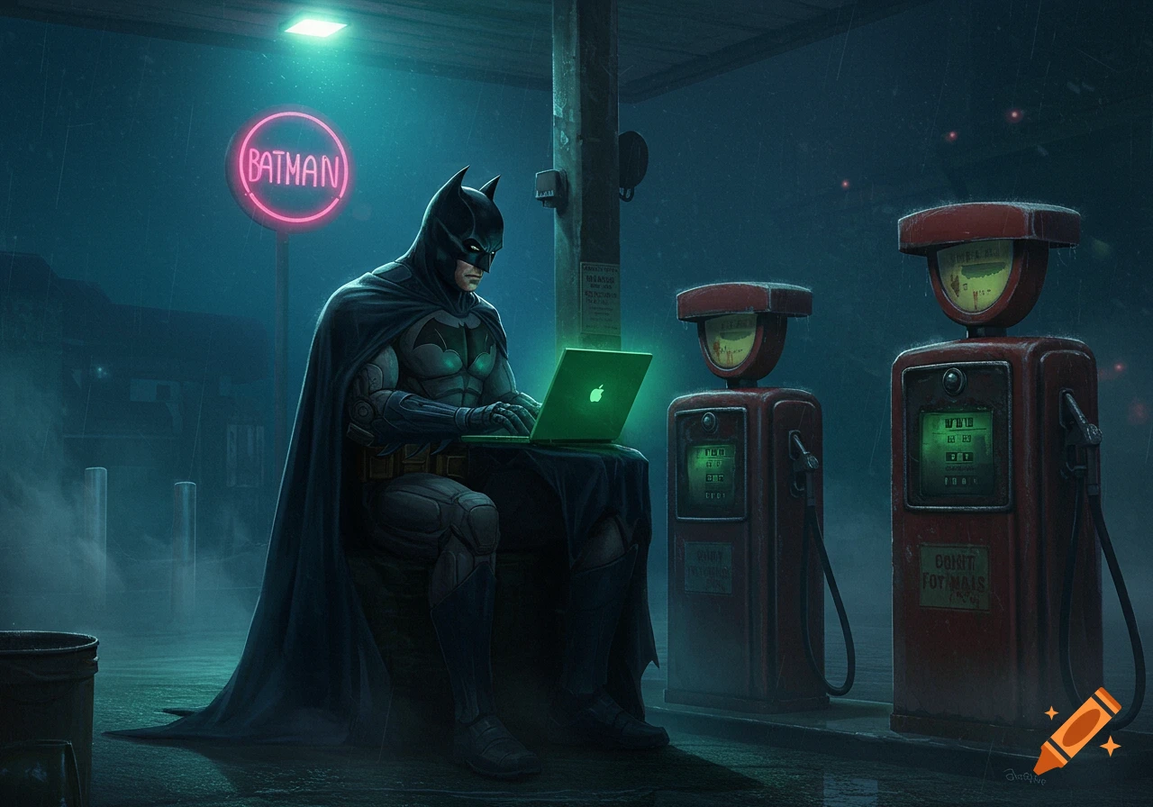 Batman in a dark, rainy gas station, illuminated by neon lights, using a glowing green laptop.