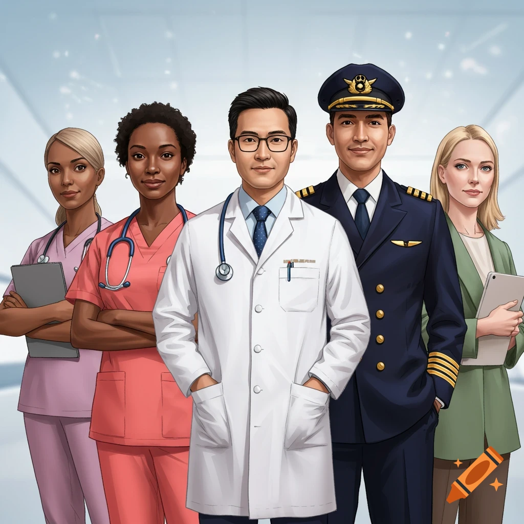 Illustration of a diverse group of professionals: a doctor, two nurses, a pilot, and a woman in a suit, standing side-by-side.