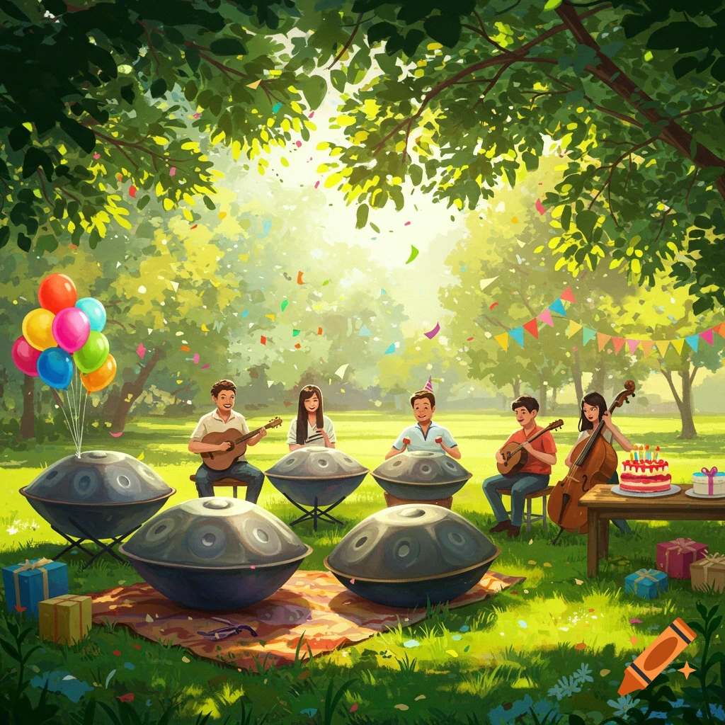 A vibrant illustration of friends playing handpans, guitar, and cello in a sunny park, decorated for a birthday with balloons, confetti, cake, and gifts.